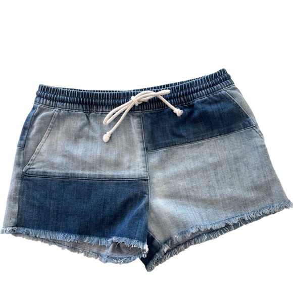 Aerie Denim Jean Shorts Pull On Patchwork Small Summer Elastic Waist Drawstring - Picture 1 of 14